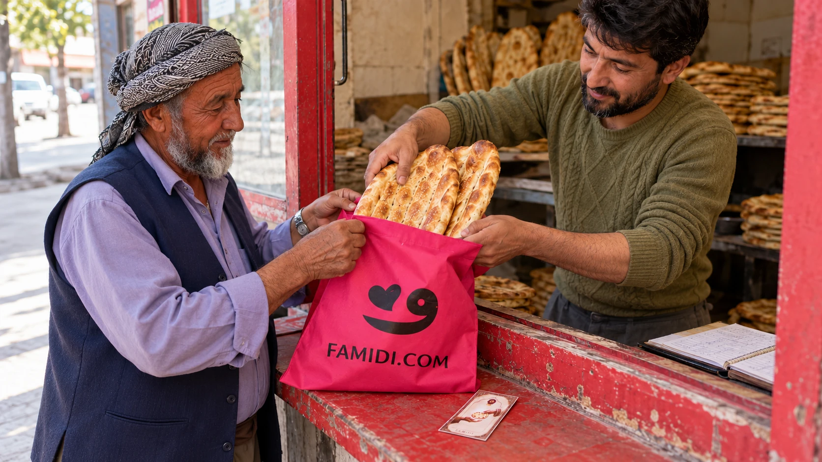 An older man receives fresh naan from a baker wearing an olive sweater, with a bread card on the counter.
