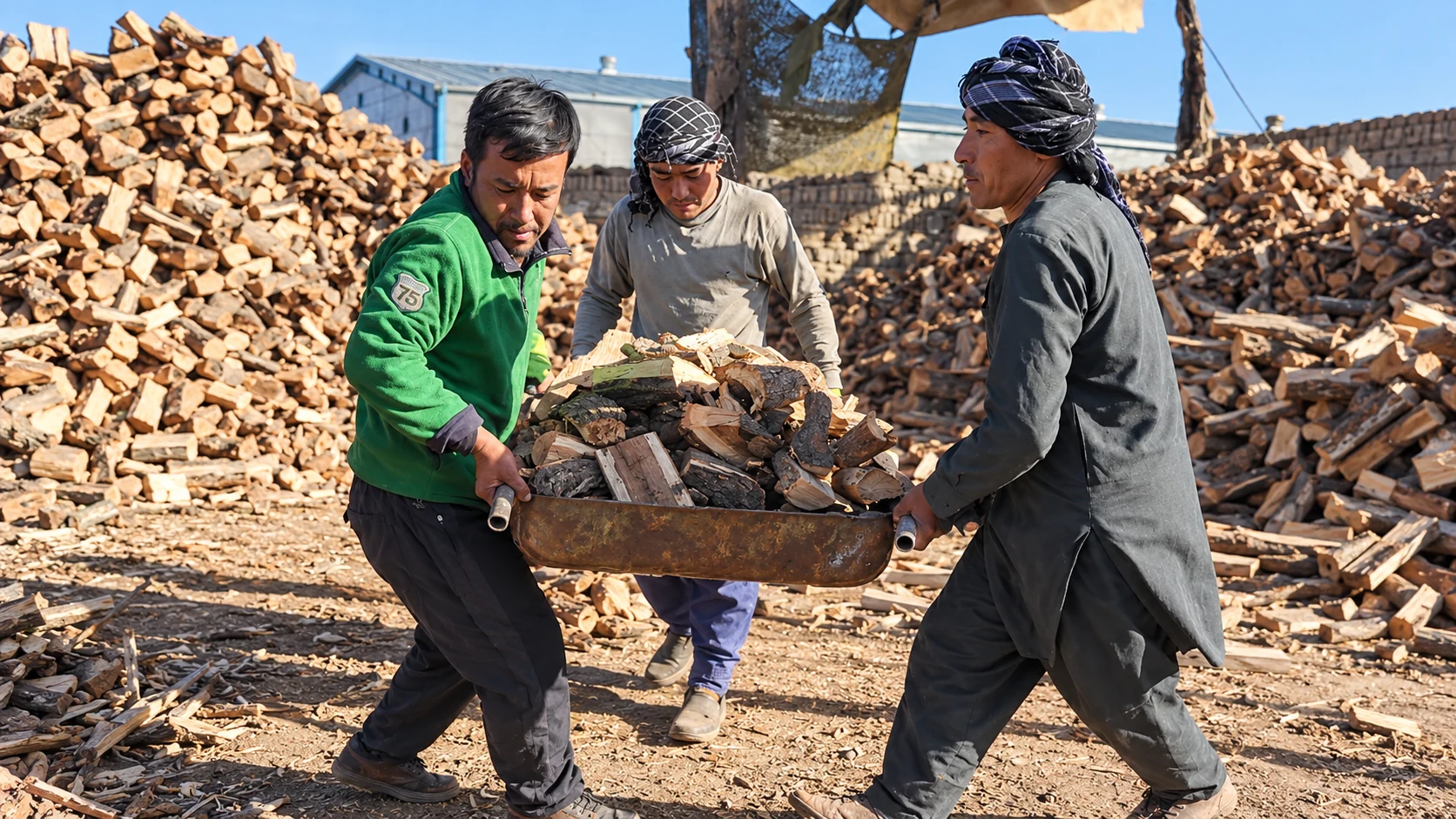 Neighbors carry firewood together.