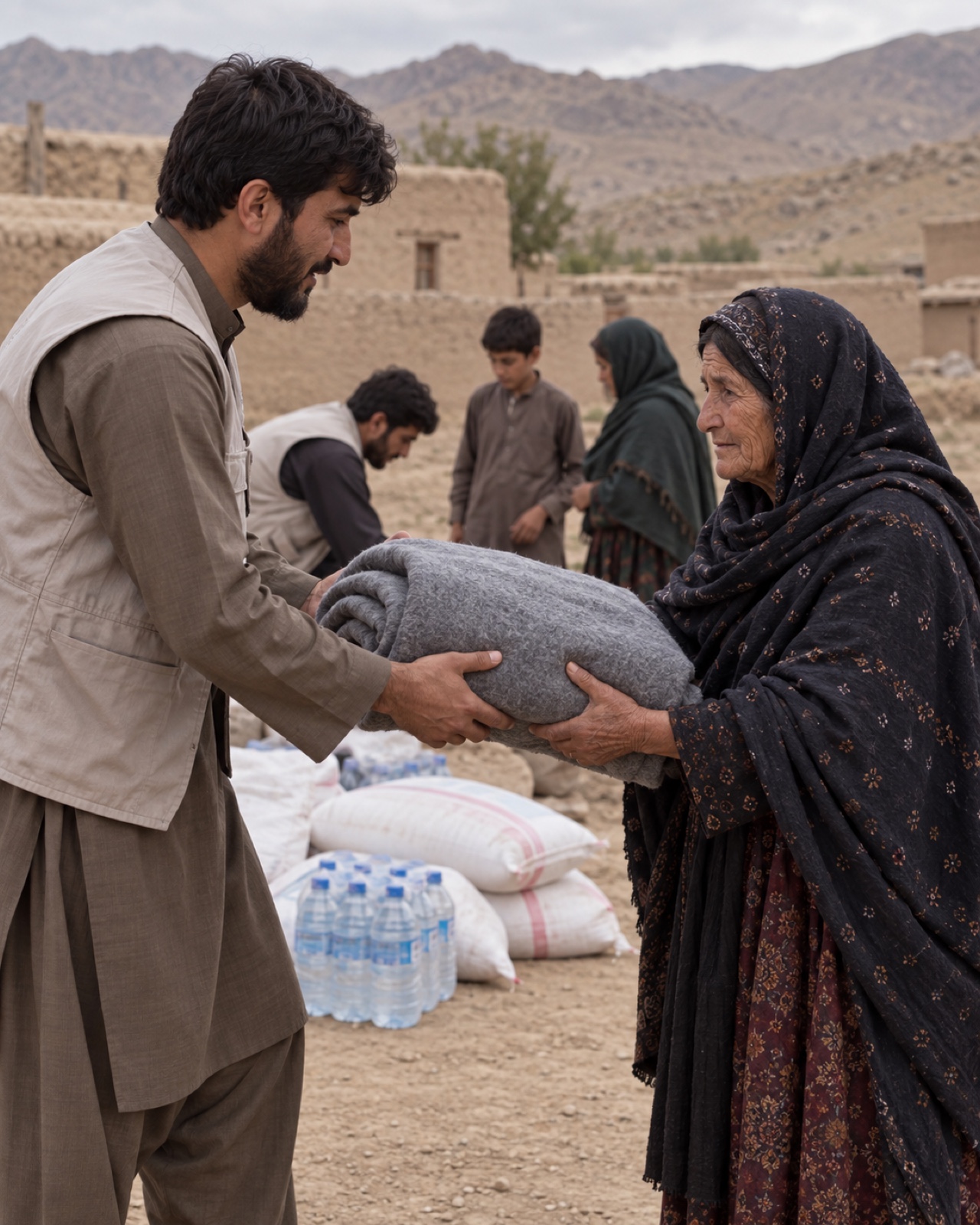 AI-designed editorial image grounded in Famidi response archives: coordinators and residents sharing blankets, staple supplies, and water.