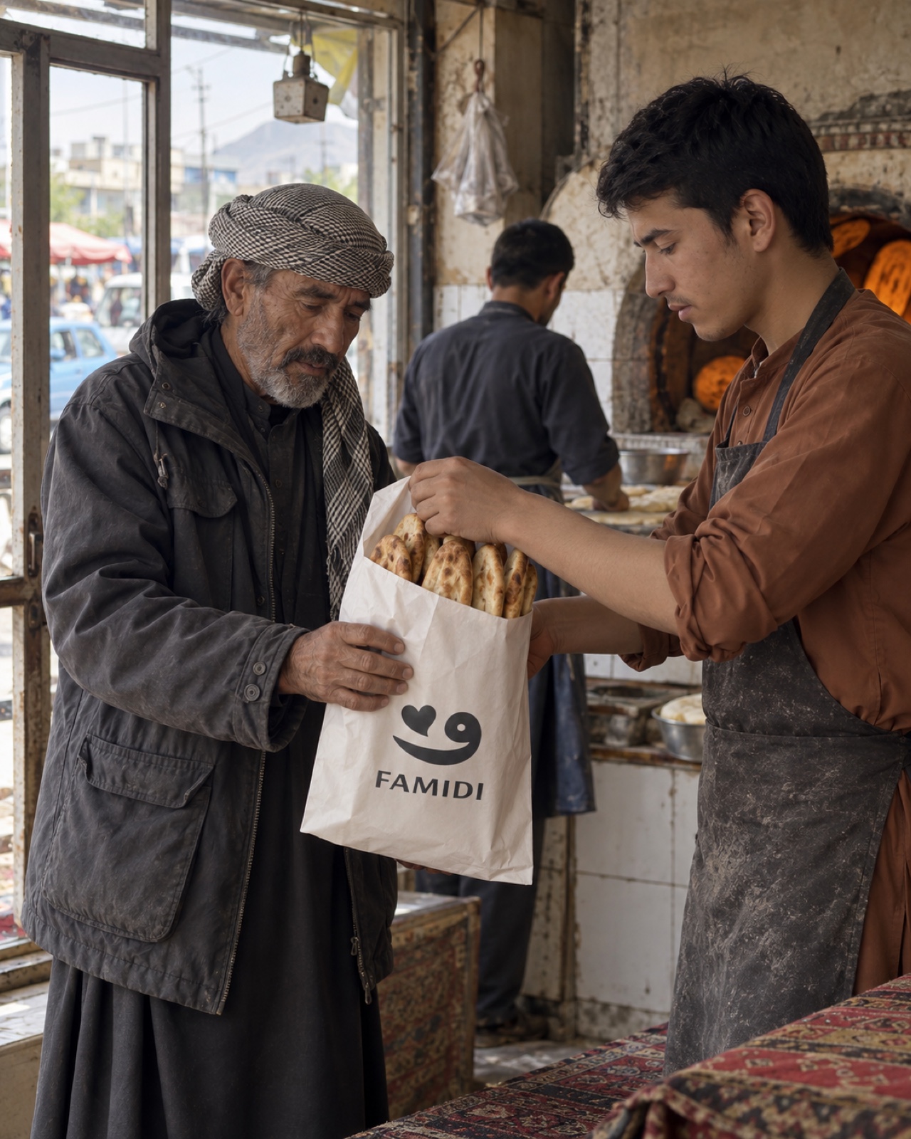 AI-designed editorial image grounded in Famidi footage: a dignified Naan Drive bakery handoff with fresh bread.